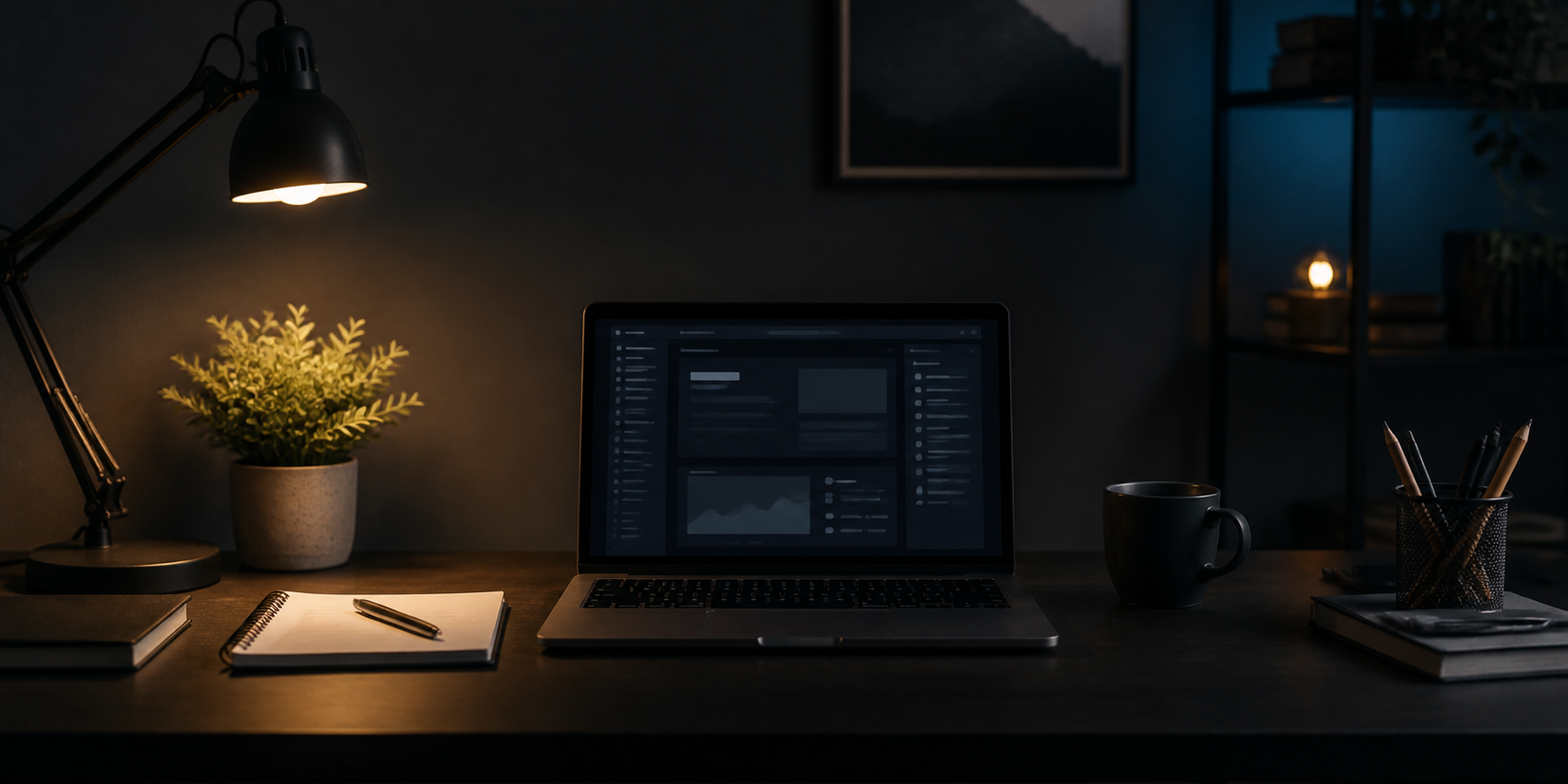 Dunkler, gemütlich beleuchteter Arbeitsplatz mit Laptop, Notizbuch und Schreibtischlampe – passend zu persönlichen Technikprojekten und digitalen Themen.